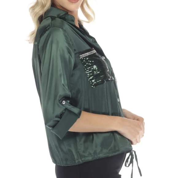 Frank Lyman Design Sequined Tie Hem Roll Tab Sleeve Satin Top  - Picture 3 of 9